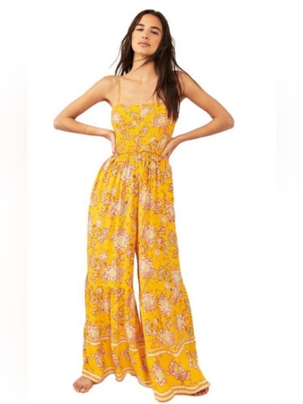 Free People Little Of Your Love Jumpsuit Marigold Combo smocked wide leg S